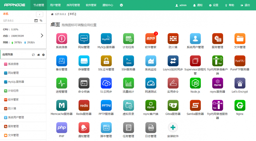 AppNode：Linux 下，可视化 WEB 管理面板，可一键安装 Nginx、PHP、Mysql 等