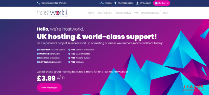hostworld：£3.49/月/1GB 内存/40GB SSD 空间/不限流量/1Gbps 端口/DDOS/免费备份/KVM/英国/芝加哥