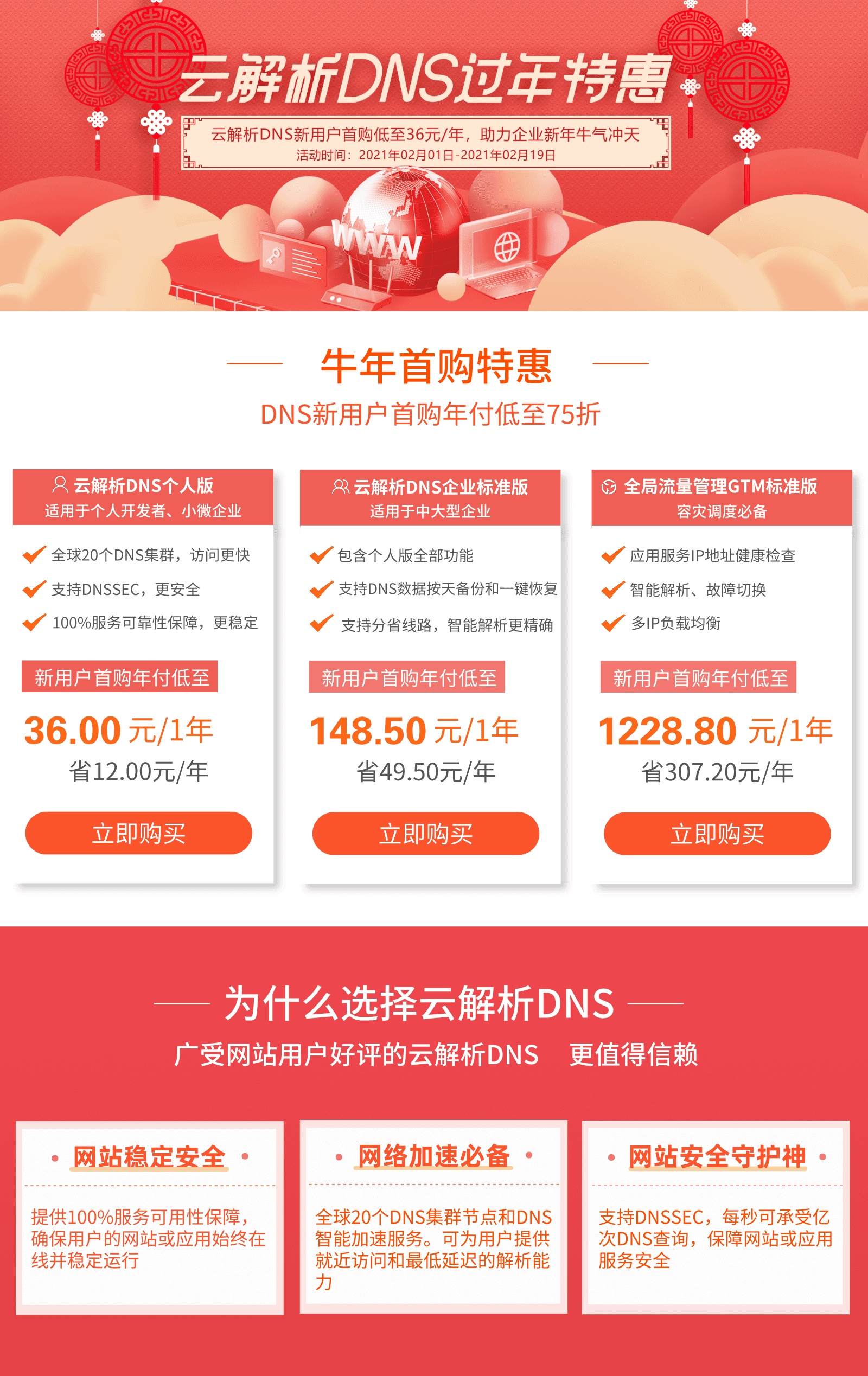 【DNS 过年特惠】爆品低至 36 元/年，助力企业牛年业务牛气冲天！