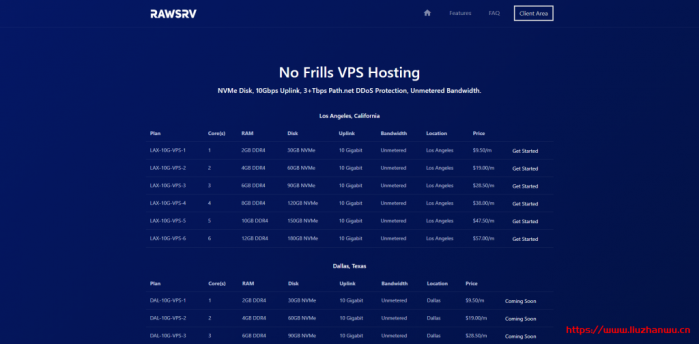 rawSRV：.5/月/1 核/2GB 内存/30GB NVMe 空间/不限流量/10Gbps 端口/DDOS/KVM/洛杉矶