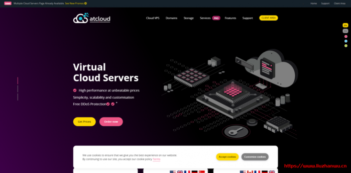 Atcloud：全场 8 折优惠/可选美国/新加坡等 6 机房/512M 内存/1 核/500g 硬盘/2T 流量/480G 高防$4/月