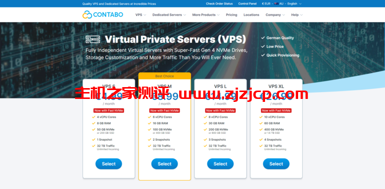 Contabo：美国、德国、新加坡等机房可选，4 核 8G 高性价比 VPS，200M-1Gbps 不限流量，月付 6.99 美元起
