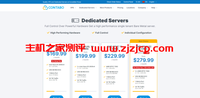 Contabo：高性价比服务器，可选德国、美国和新加坡，1Gbps-10Gbps 端口，可加装 GPU，$169.99/月起