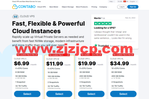 Contabo：德国 VPS，美国 VPS，4 核 8G 内存 50 GB NVMe 或 200 GB SSD，年付$83.88 起
