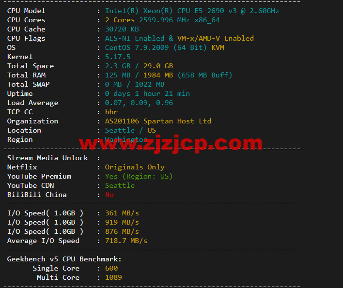 斯巴达(SpartanHost)：西雅图机房高防 vps，E5 KVM VPS（去程直连，AS4837 回程），简单测评