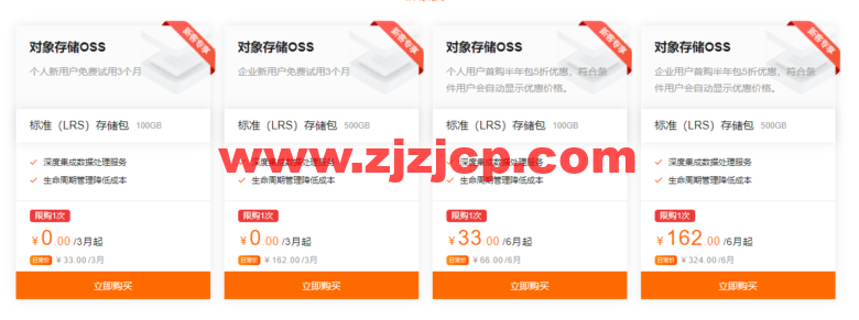 阿里云：对象存储 OSS，新人特惠，0 元体验，100GB 存储包，半年仅需要 33 元