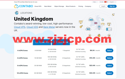 #上新#Contabo：英国机房 VPS，免设置费，4 核/8G 内存/50 GB NVMe 或 200 GB SSD 硬盘/32TB 流量/200M-1Gbps 带宽，$8.24/月起，VDS$49.99/月起，裸金属服务器$329.99/月