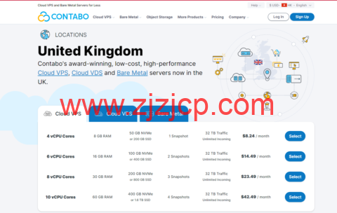 Contabo：英国 VPS，4 核/8G/200G SSD 或 50 GB NVMe/200Mbps 带宽起，月付€5.99