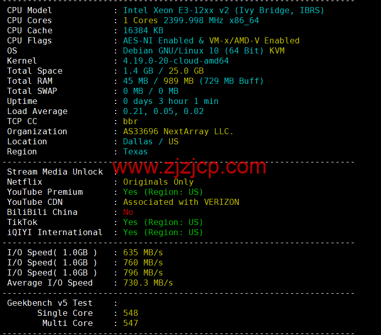 NextArray：1 核/1G 内存/10G SSD 硬盘/1TB 流量/1Gbps 带宽，$9.99/年，美国原生 IP，解锁美区 tiktok，附简单测评