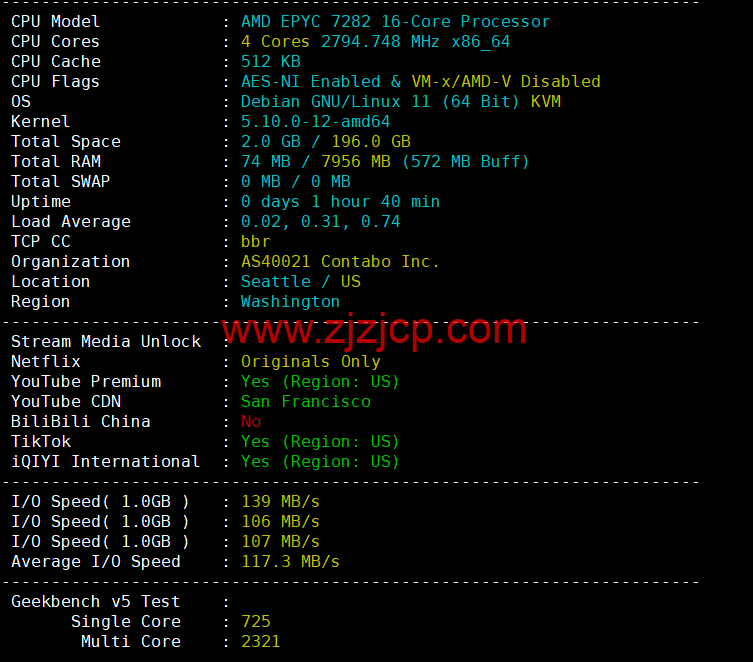 Contabo：美国 vps，西部“西雅图”机房，原生 ip，4 核/8G/200G SSD 或 50 GB NVMe/200Mbps 带宽起，月付€6.99，解锁 tiktok 等流媒体，简单测评