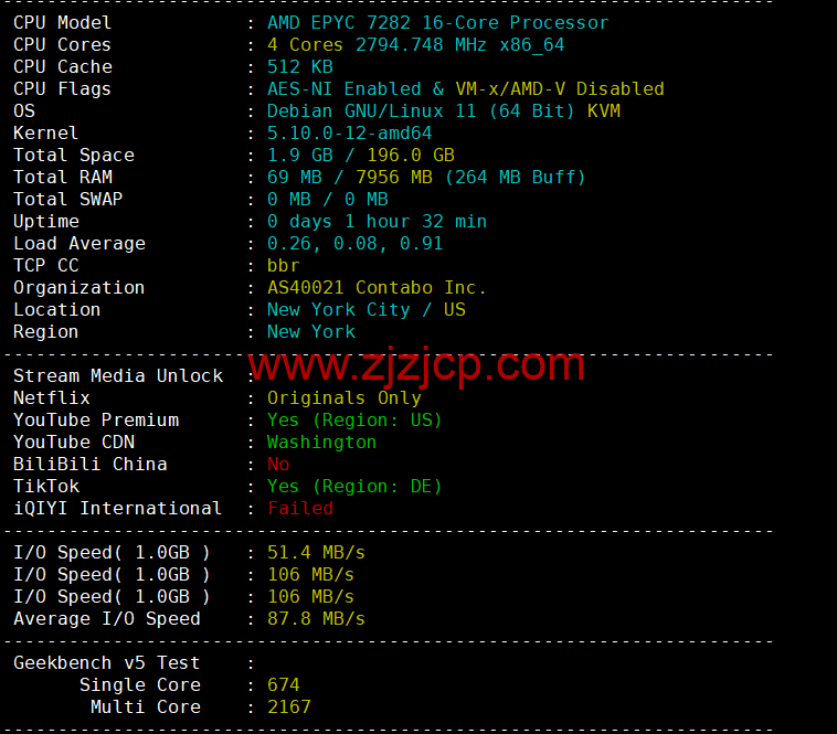 Contabo：美国 vps，东部“纽约”机房，原生 ip，4 核/8G/200G SSD 或 50 GB NVMe/200Mbps 带宽起，月付€6.99，解锁 tiktok 等流媒体，简单测评