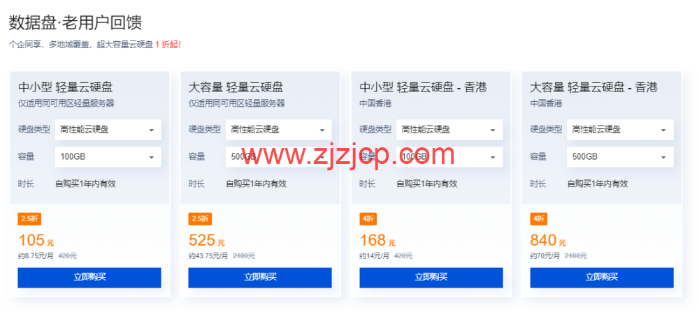 腾讯云：轻量应用服务器专场特惠，2 核 2G4M 低至 65 元/年 ， 超大容量云硬盘 0.5 折起