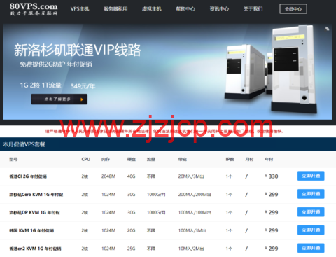 80VPS：香港 cn2/香港 cera，2 核/1G 内存/25G 硬盘/不限流量/2Mbps 带宽，299 元/年