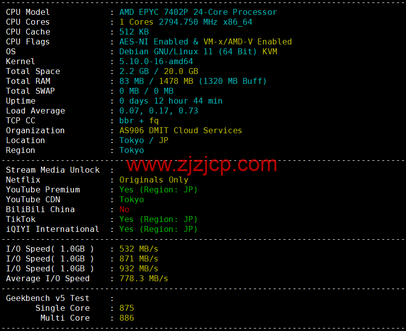 DMIT：日本 PVM.TYO.Lite vps，月付$6.9，三网移动 CMI 线路，原生 IP，解锁 tiktok、Netflix、Disney+等流媒体，简单测评