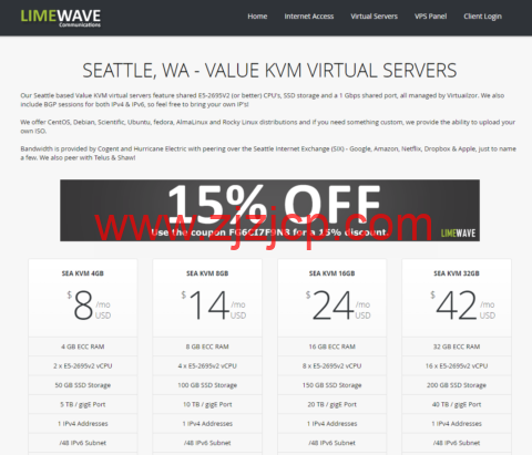 Limewave：美国西雅图机房 vps，2 核/4GB 内存/50GB SSD/5TB 流量/1Gbps 带宽，/月