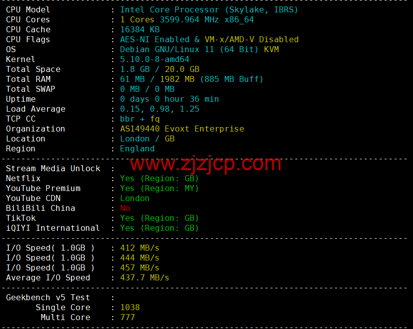 Evoxt：英国 VPS 云服务器，1 核/512MB 内存/5G 硬盘/500G 流量，$2.99 /月起，原生 ip，解锁 tiktok，Netflix，Disney+，简单测评
