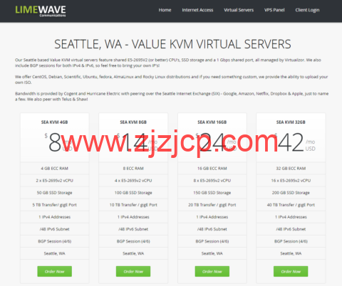 #黑五#Limewave：美国西雅图机房 vps，2 核/32GB 内存/50GB SSD/不限流量/1Gbps 带宽，$7/月