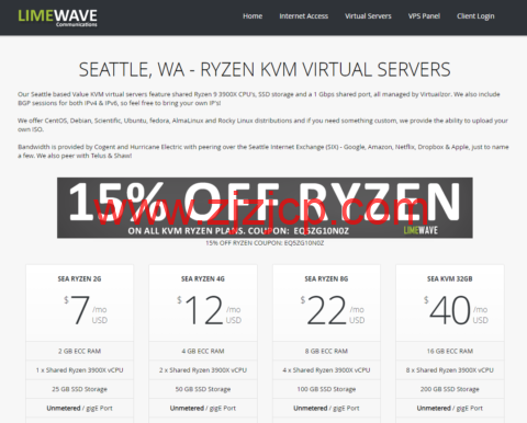 Limewave：上线 AMD Ryzen 3900X 系列 VPS/85 折优惠，美国西雅图机房，1 核/2GB 内存/25GB SSD/不限流量/1Gbps 带宽，.95/月起