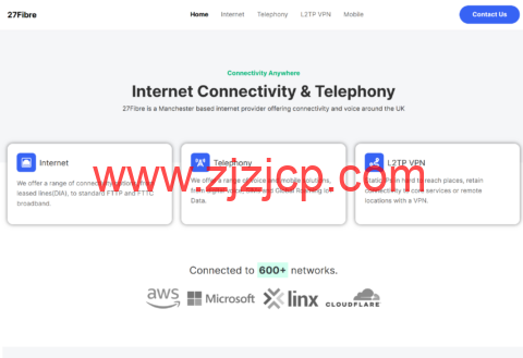 27Fibre：英国 vps，1 核/2GB 内存/15GB NVMe/不限流量/10Gbps 端口，£2.5/月