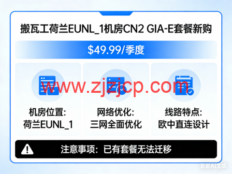 搬瓦工：荷兰 EUNL_1 机房开放 CN2 GIA-E 套餐新购，.99/季度，已有套餐无法迁移，更全面的三网优化/专为欧中直连设计