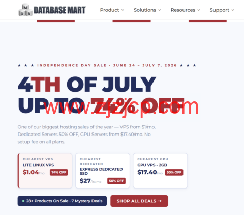 Database Mart 独立日大促：VPS 最低 $1.04/月，独立服务器 $27/月起，GPU 服务器 $17.40/月起