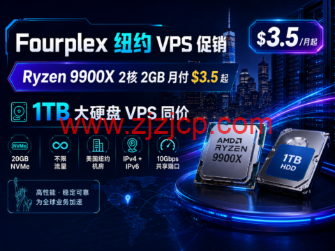Fourplex 纽约 VPS 促销：Ryzen 9900X 2 核 2GB 月付 $3.5 起，1TB 大硬盘 VPS 同价