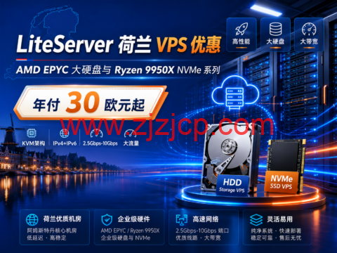 LiteServer 荷兰 VPS 优惠：AMD EPYC 大硬盘与 Ryzen 9950X NVMe 系列，年付 30 欧元起