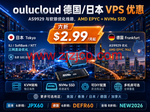 oulucloud 德国/日本 VPS 优惠：AS9929 与软银优化线路，AMD EPYC+NVMe SSD，六折 $2.99/月起