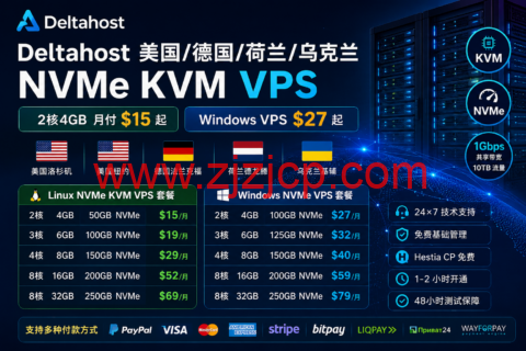 Deltahost 美国/德国/荷兰/乌克兰 NVMe KVM VPS：2 核 4GB 月付 $15 起，Windows VPS $27 起