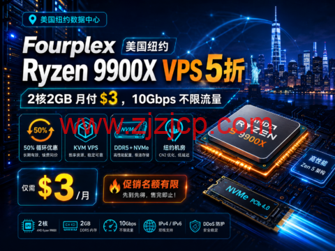 Fourplex 美国纽约 Ryzen 9900X VPS 5 折：2 核 2GB 月付 $3，10Gbps 不限流量