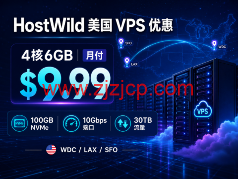 HostWild 美国 VPS 优惠:4 核 6GB 月付 .99,10Gbps 端口、30TB 流量 HostWild 美国 VPS 优惠:4 核 6GB 月付 .99,10Gbps 端口、30TB 流量