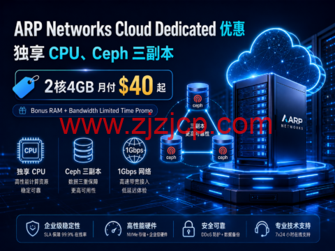 ARP Networks Cloud Dedicated 优惠:独享 CPU、Ceph 三副本,2 核 4GB 月付 起 ARP Networks Cloud Dedicated 优惠:独享 CPU、Ceph 三副本,2 核 4GB 月付 起